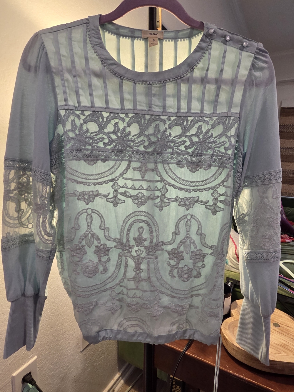 Anthropologie Tiny Lace-Embellished Light Blue Blouse
